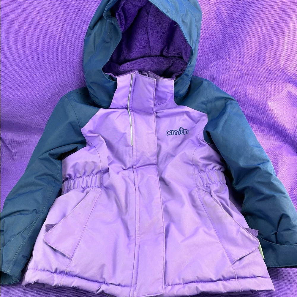 XMTN Girls Size 5 Winter Ski Jacket Purple Navy 3M Thinsulate Powder Skirt Hood